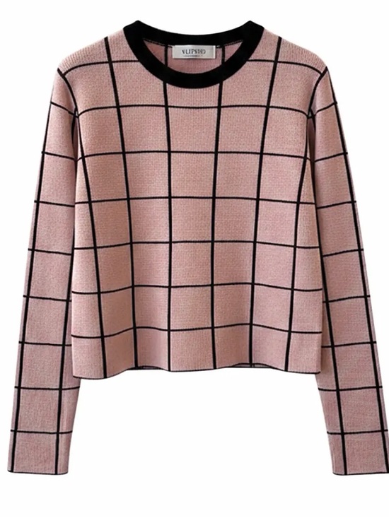 Valentino Sweaters - Valentino Pink and Black Grid Windowpane Knit Long Sleeve Crop Sweater Top
